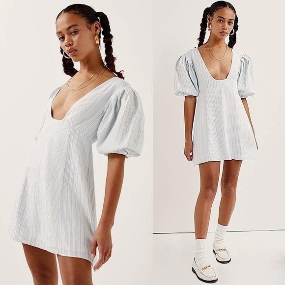 LOVE & LEMONS 90s Puff Short Sleeve Stripe Plunge Square Neck Babydoll Dress XS - Picture 3 of 5